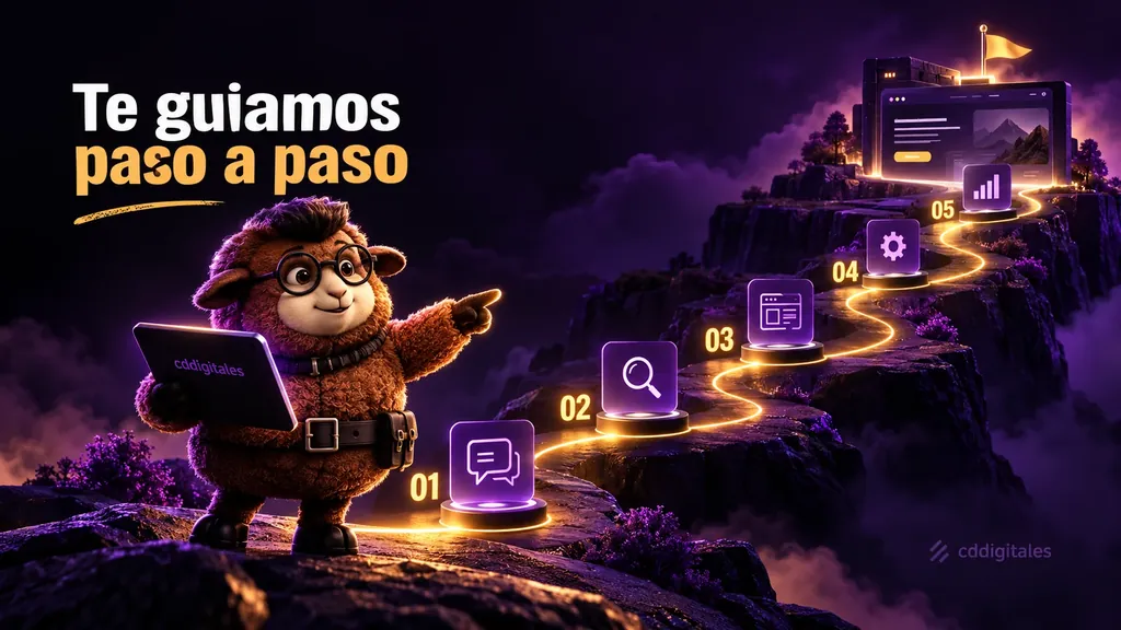 La oveja de CD Digitales guía el proceso para crear un sitio web paso a paso, desde la conversación hasta la publicación